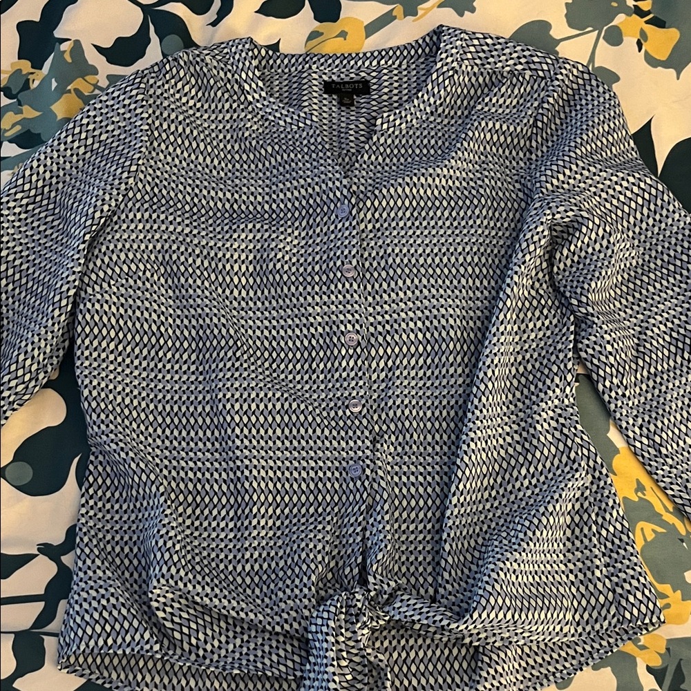 Talbots Blue, Black and White Patterned Button Down Shirt